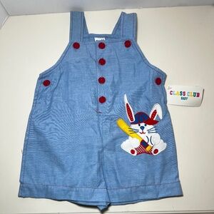 Vintage Class Club Baby Romper 80s Easter White Bunny Rabbit Playing Baseball